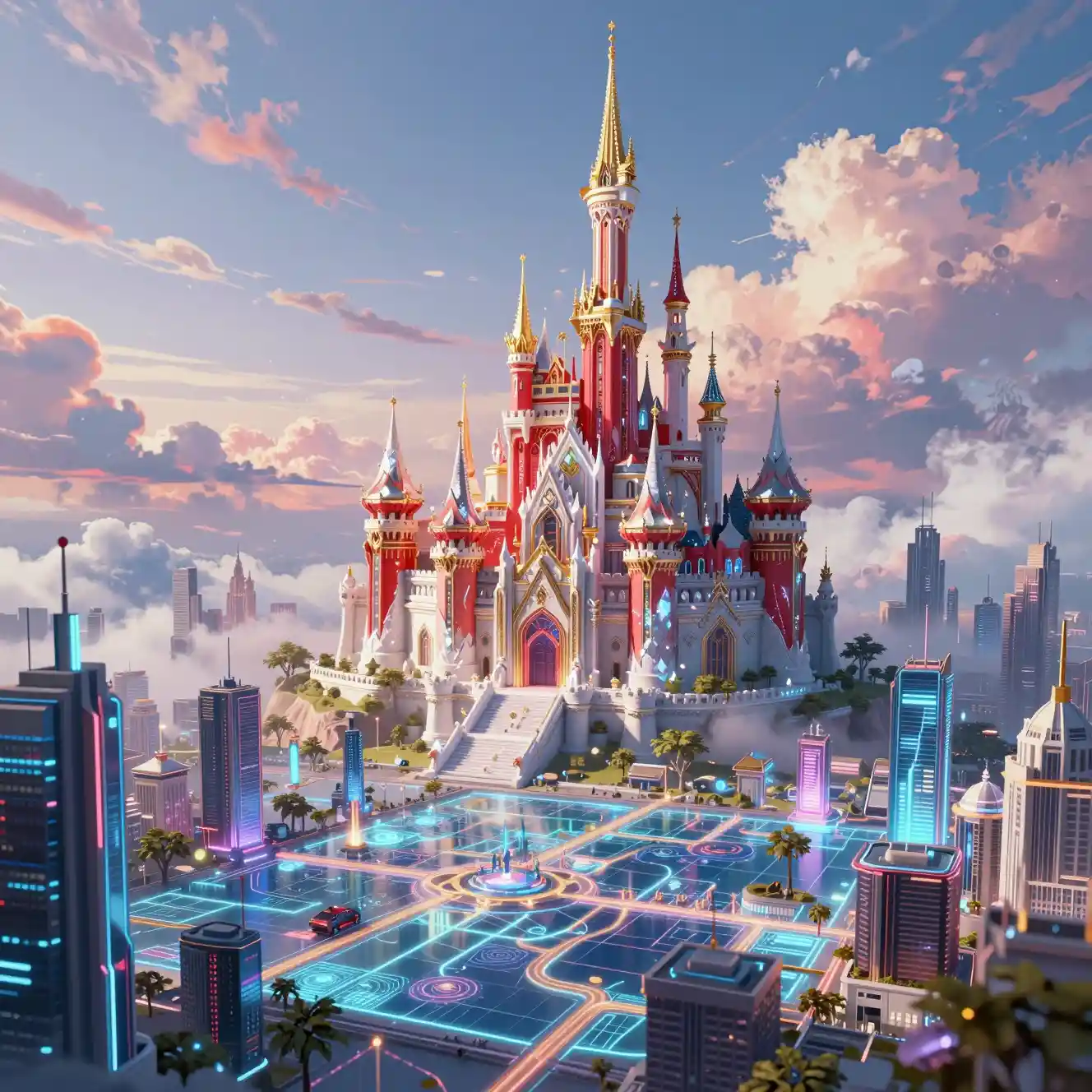 Ciudad cyberpunk futurista que surge de un mapa digital brillante