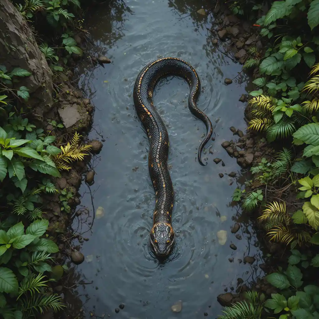 Giant python moving through dense Indonesian tropical rainforest