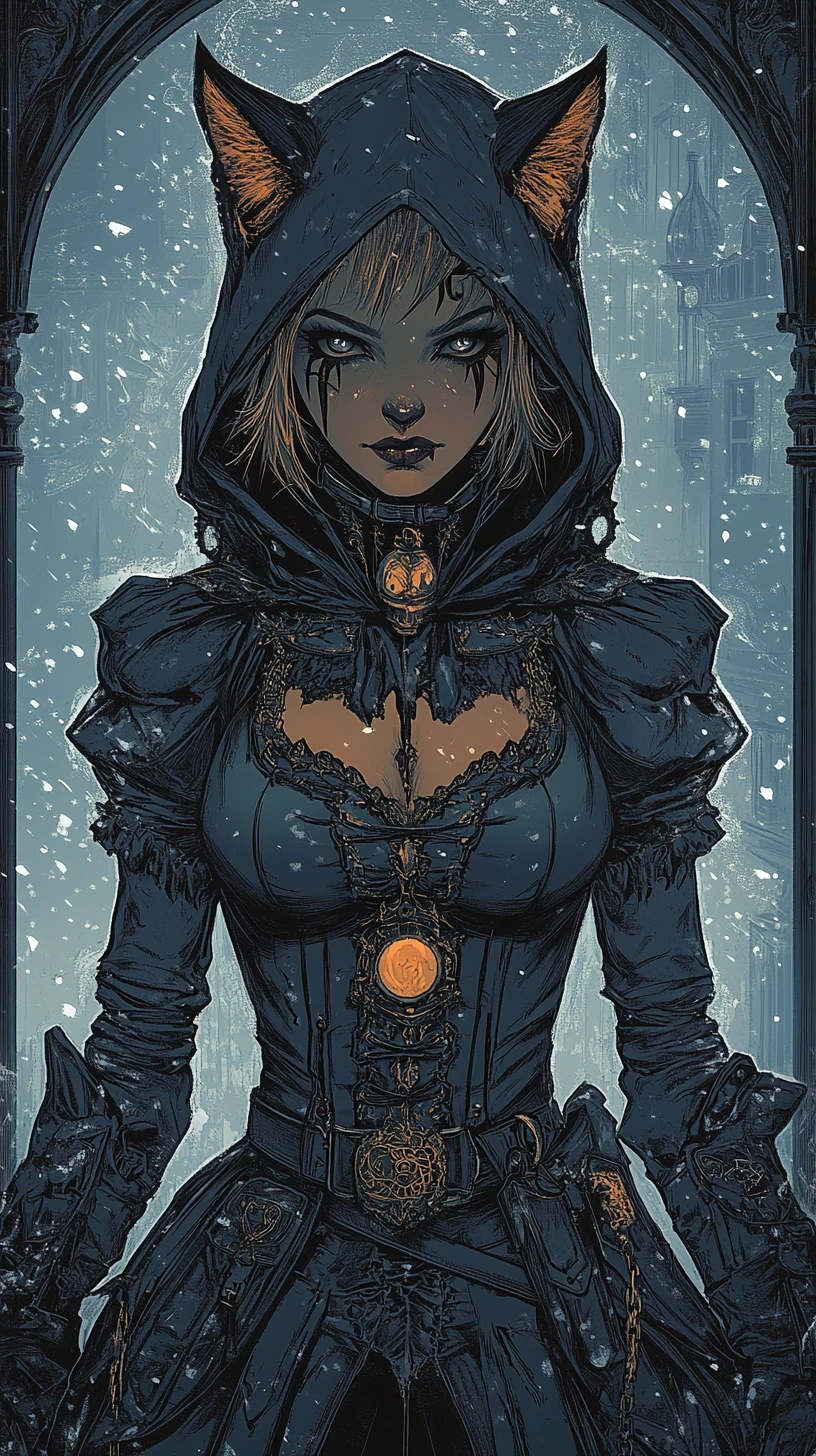 Vampire cat lady in steampunk streets with misty gas lamps