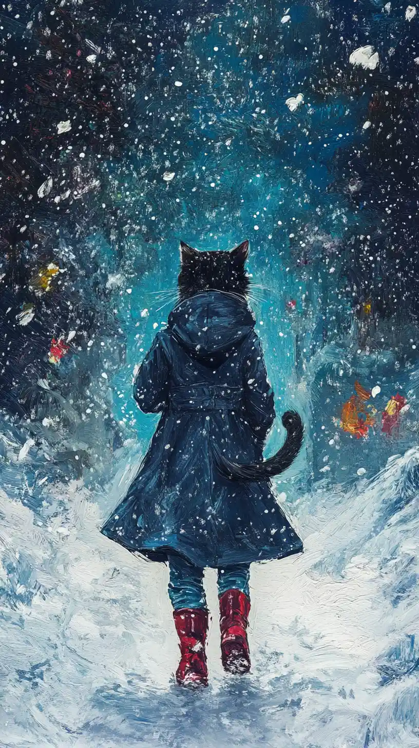 青いレインコートを着た猫の女性が大雪の中を歩く