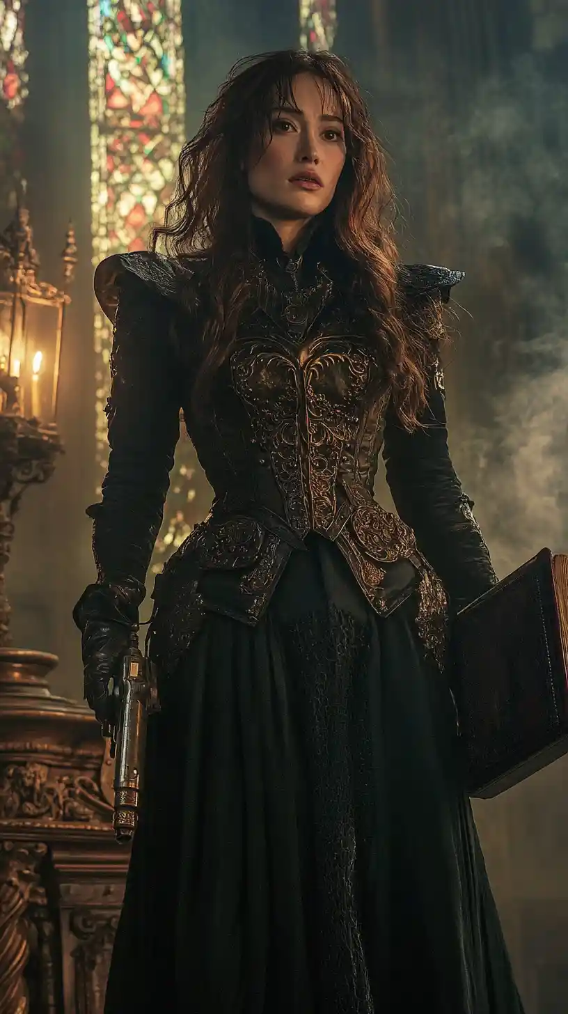 Vampire priestess in misty steampunk street with gas lamps