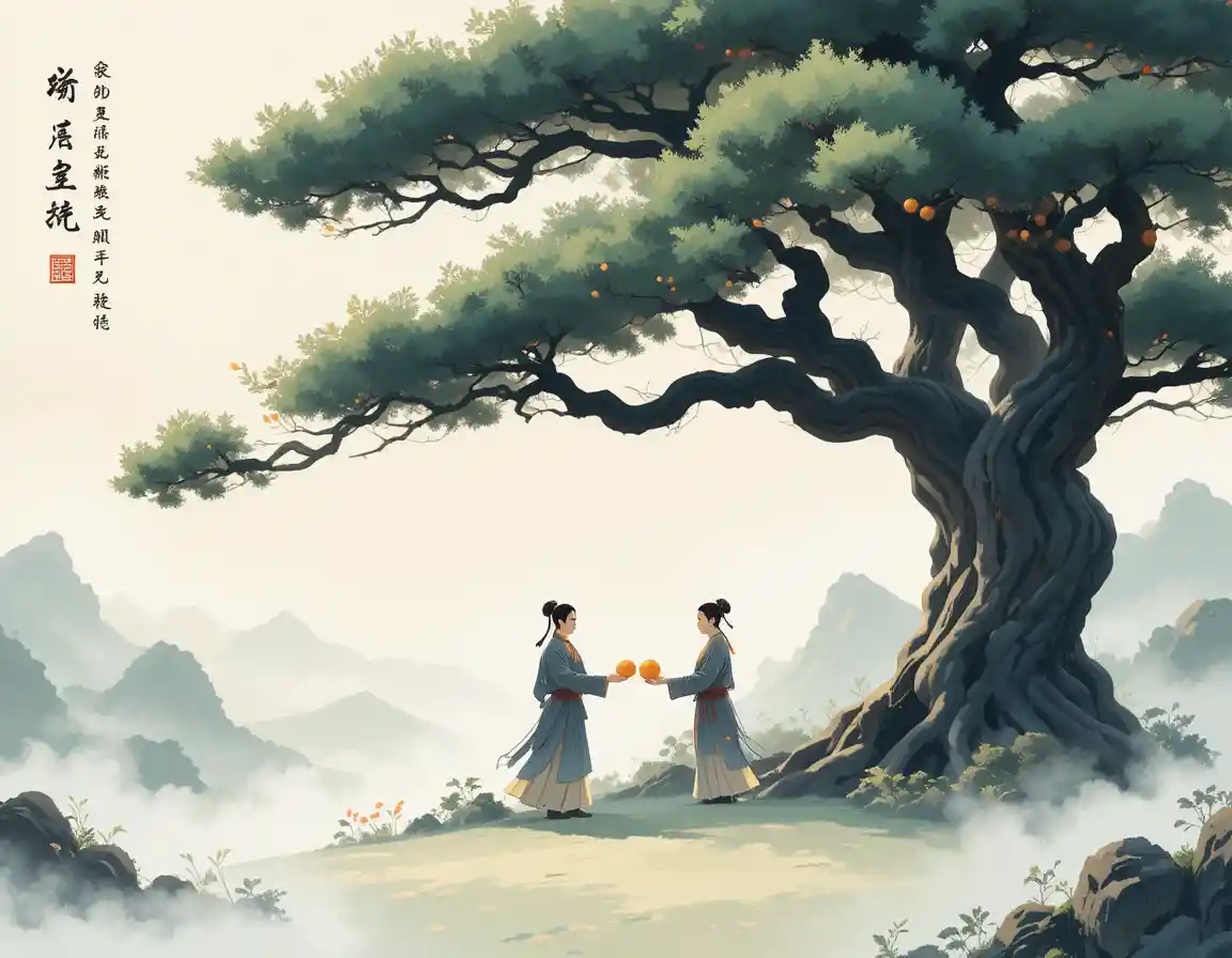 Imperial figures trading oranges in misty Chinese mountains