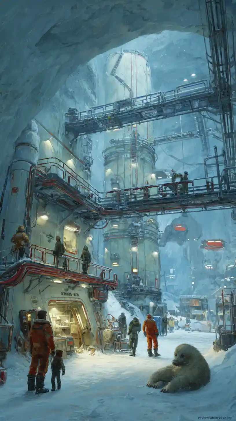 Interior de cidade glacial futurista com criança e macaco cibernético