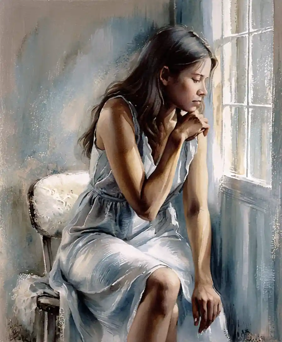 Giovane donna contemplativa accanto a una finestra illuminata dolcemente