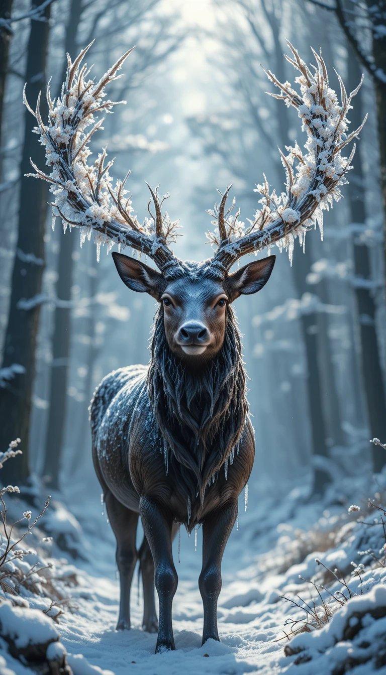 Majestic Frost Antlered Stag In A Silent Snowy Forest