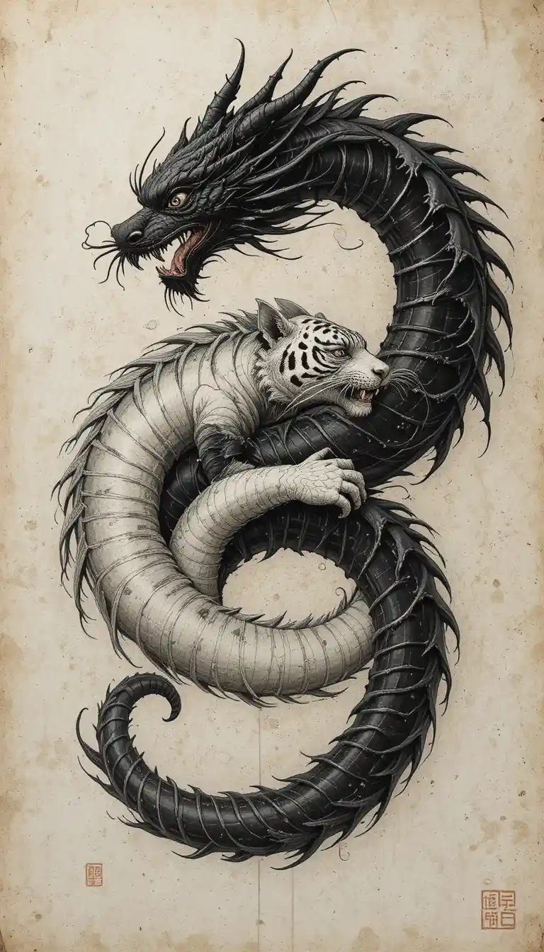Dragon et tigre entrelacés formant un cercle yin-yang