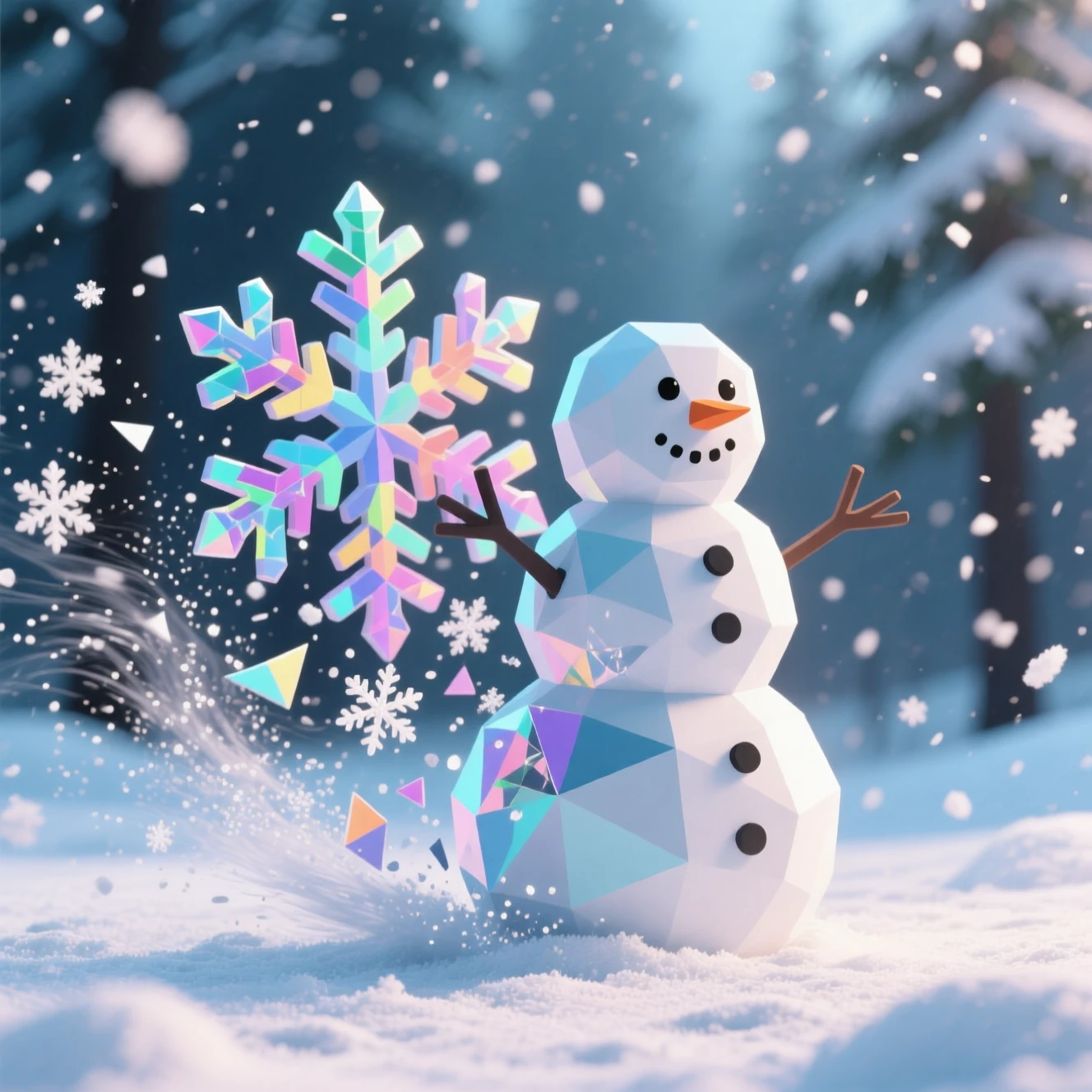 Verspielter polygonaler Schneemann im winterlichen Sturm