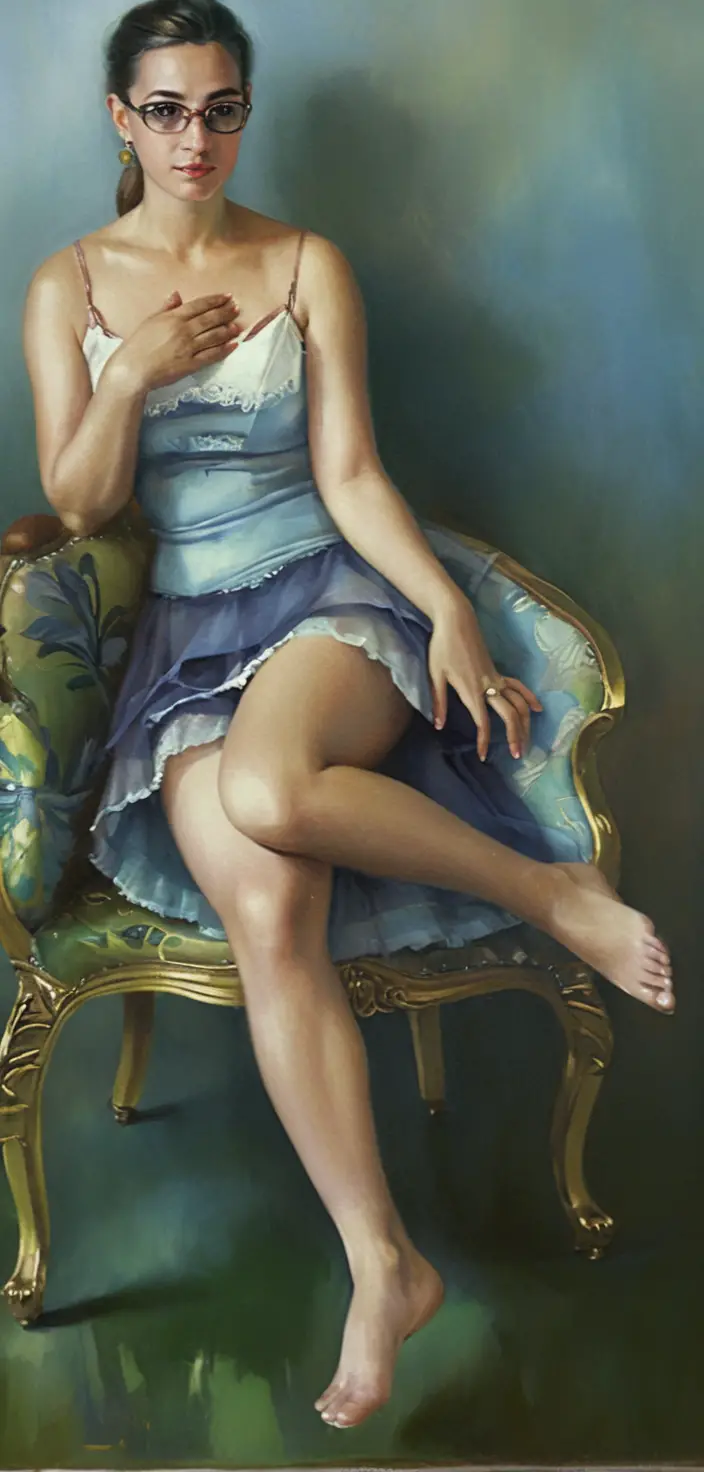 Young woman on green baroque armchair in satin and tulle