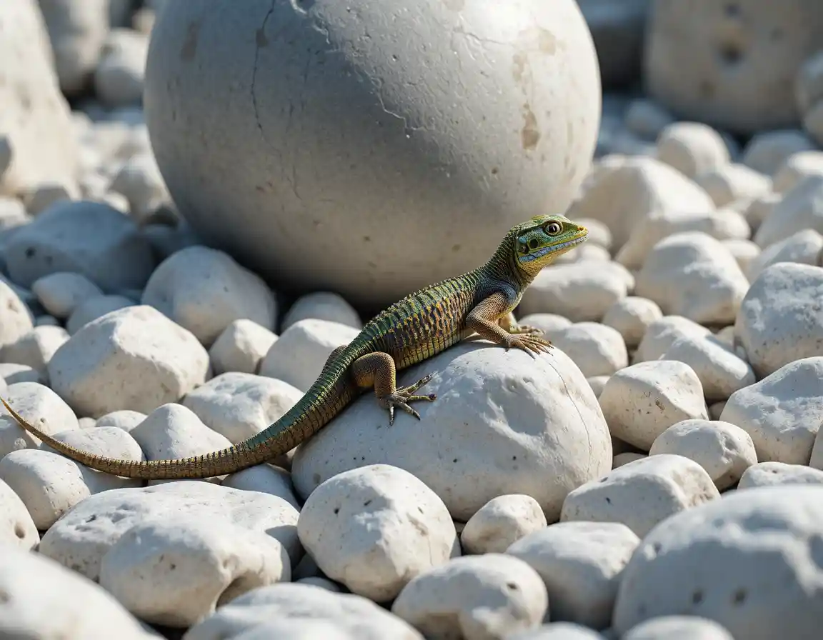 Petit lézard reposant sur des galets blancs à la lumière naturelle