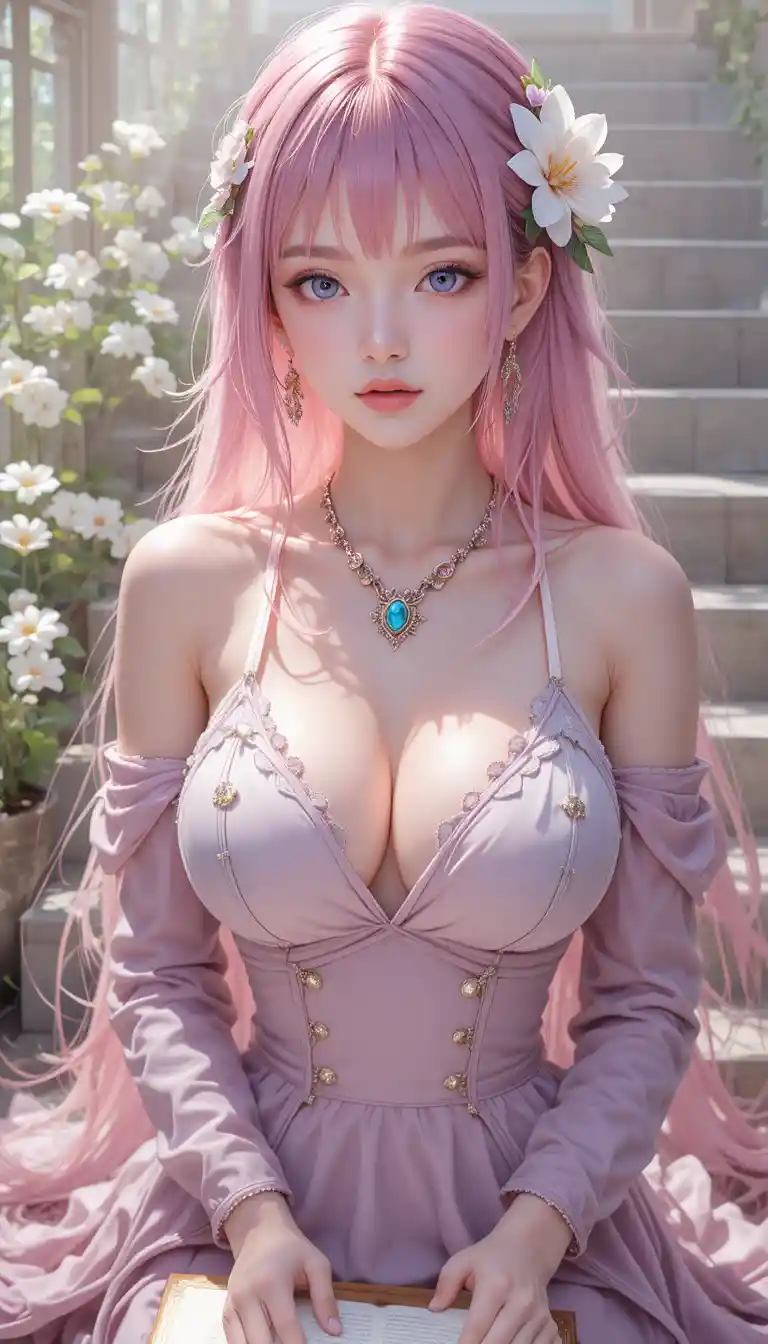 Pink haired anime girl with flowers and jewelry on stairs