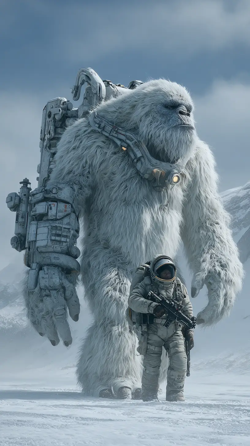 Cyber armored white yeti beside core diver on ice world