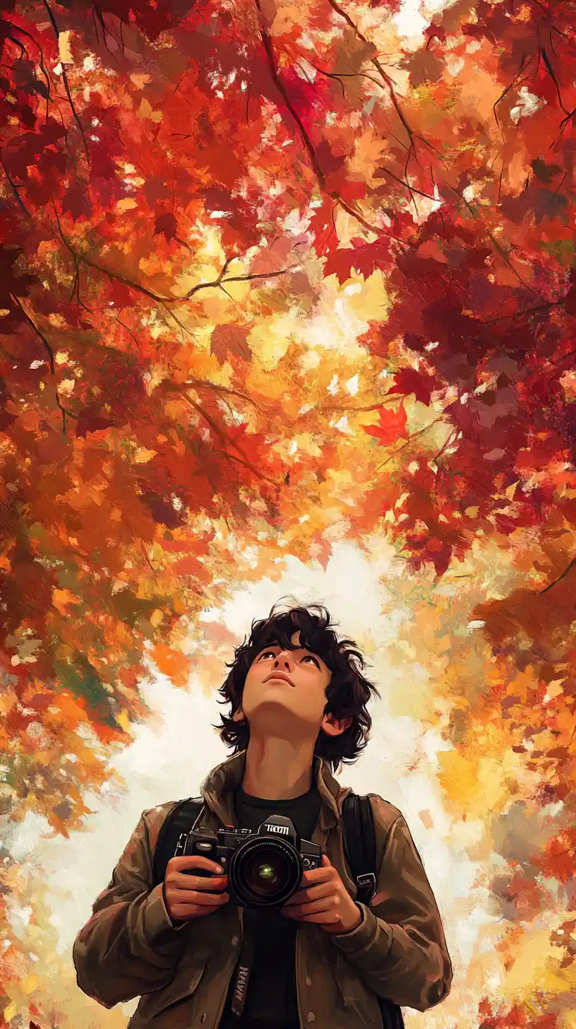 Jeune homme avec un appareil photo sous des feuilles d’automne vibrantes