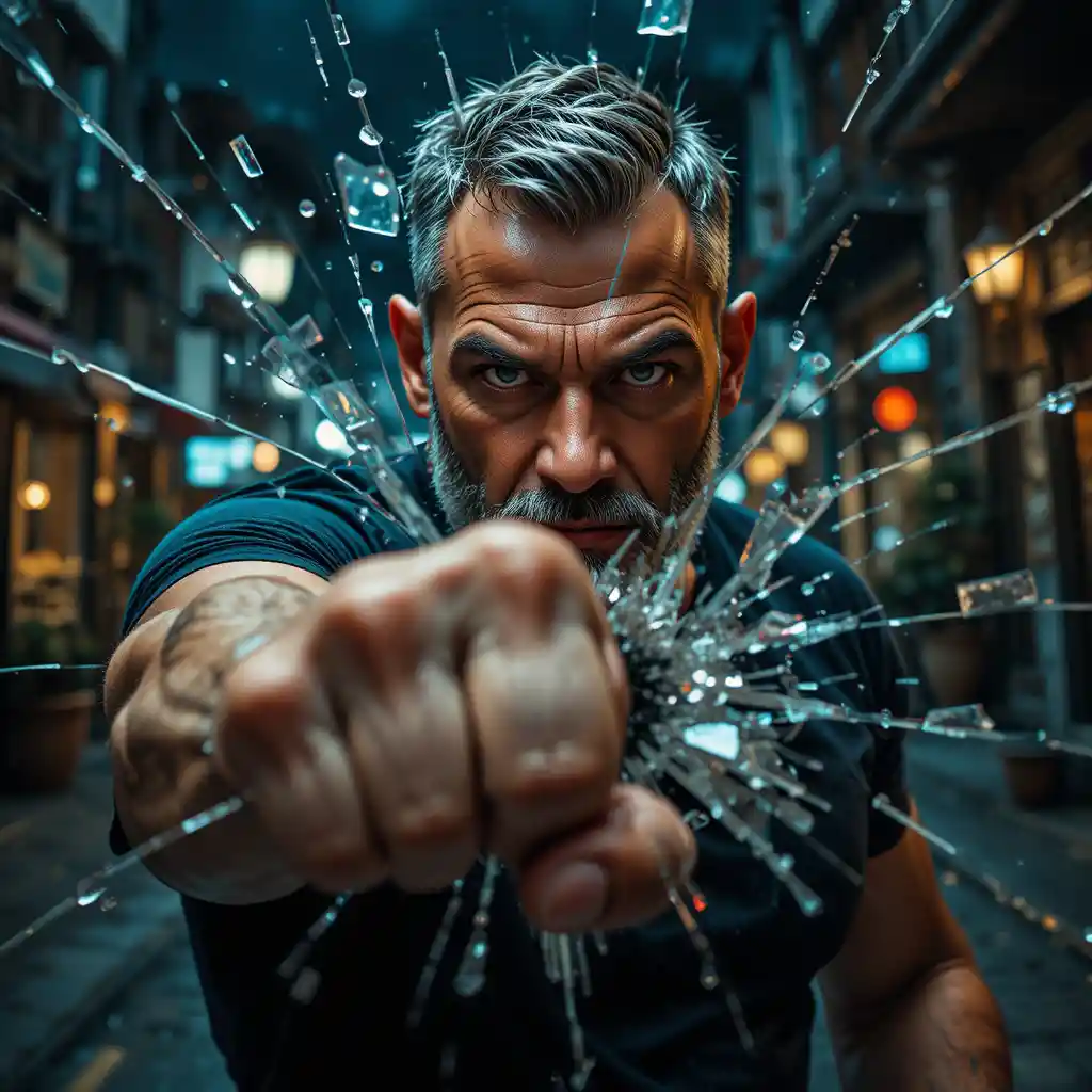 Cinematic close up of man punching through glass