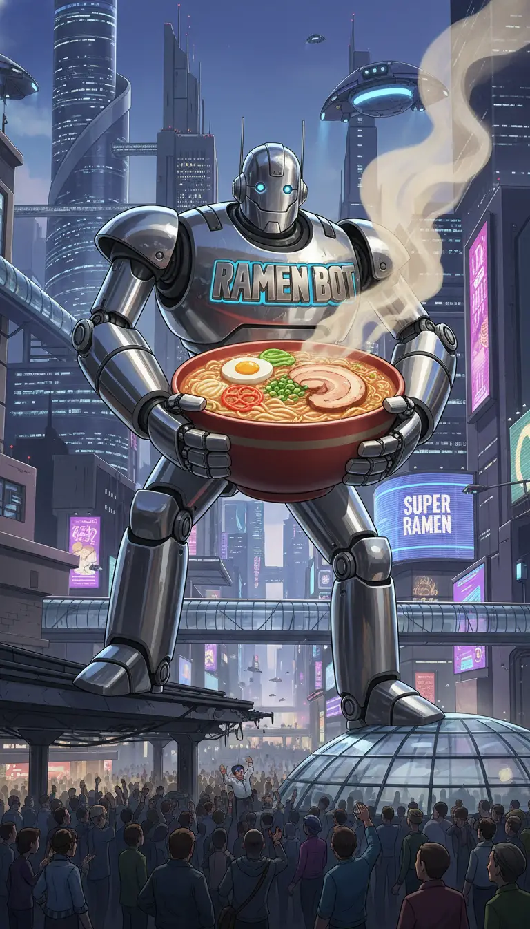 Futuristic giant robot guarding a steaming ramen bowl
