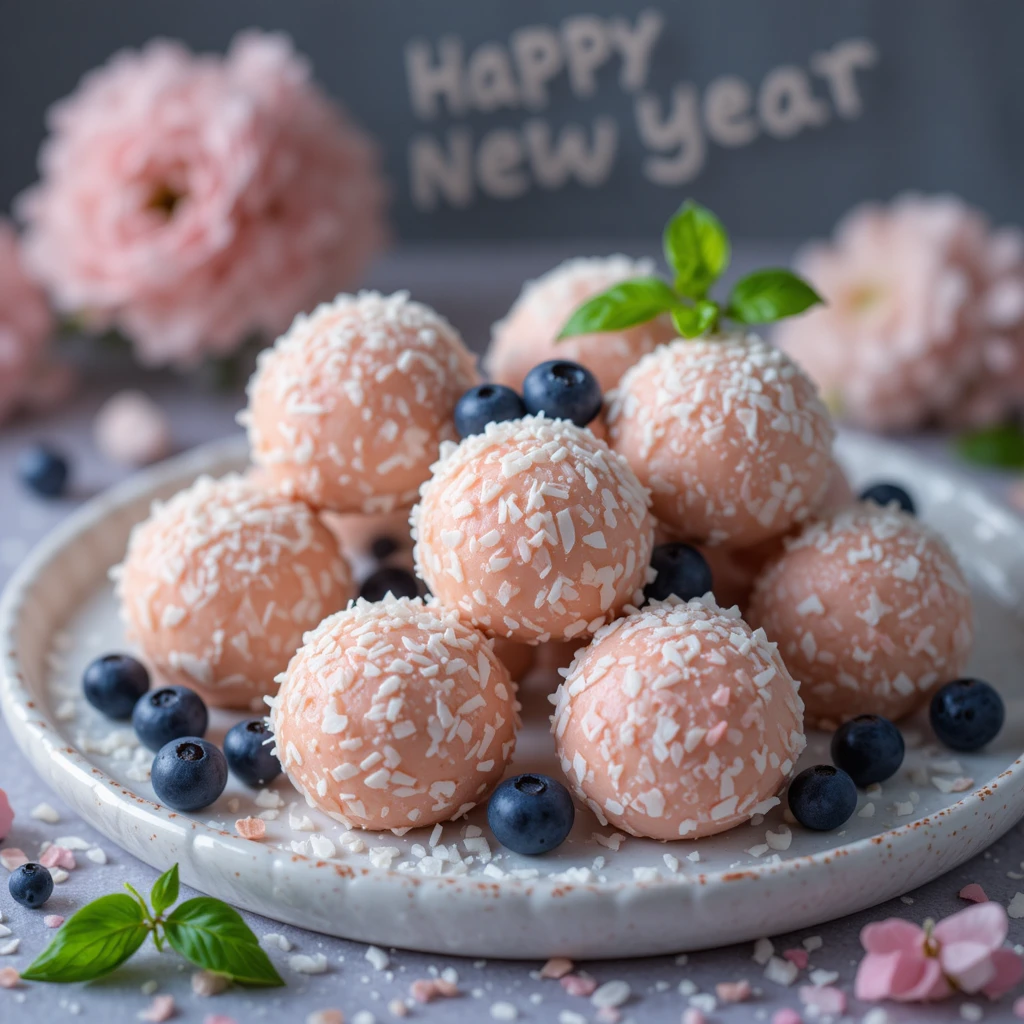 Pastel New Year dessert still life with coconut and berries