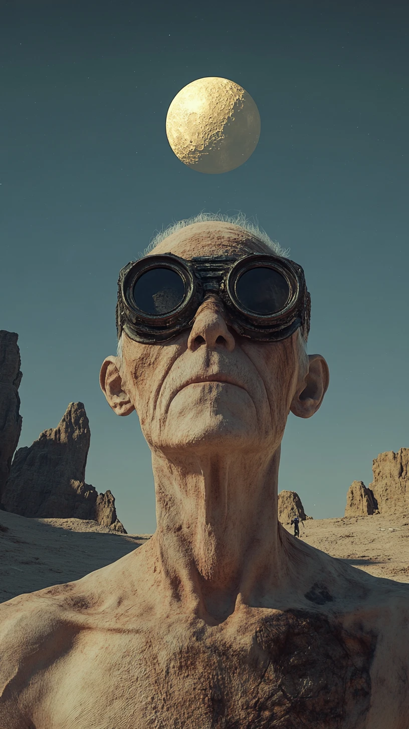 Andarilho careca no deserto sob uma pequena lua com equipamento sci-fi