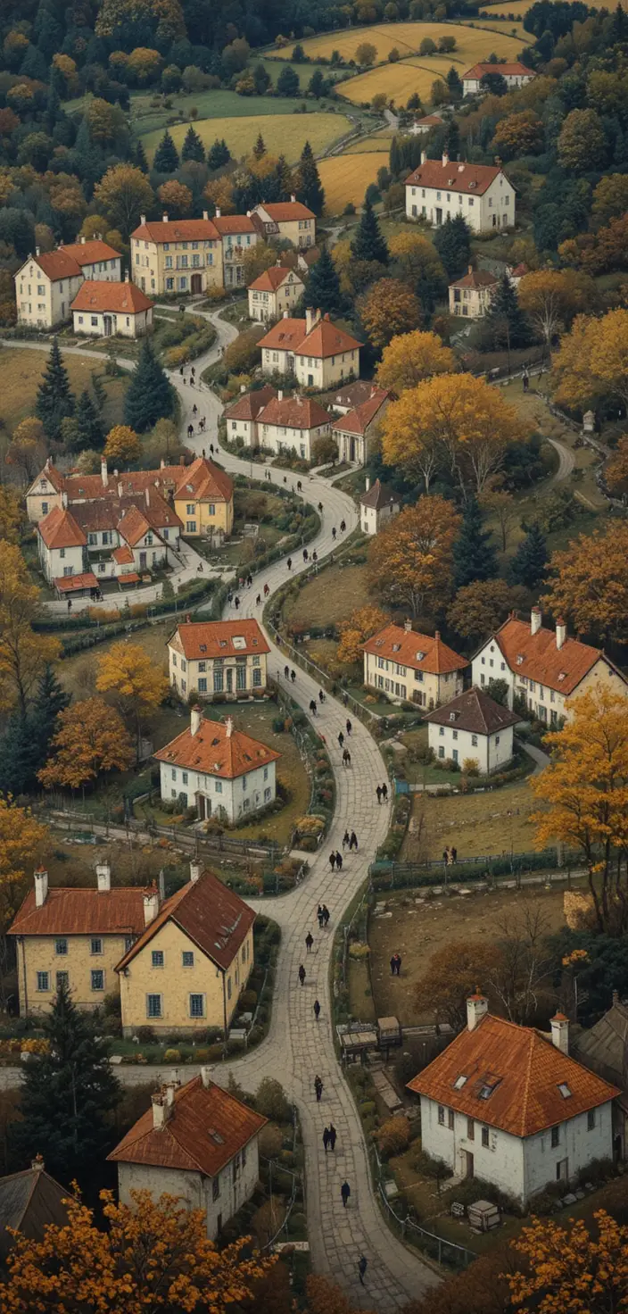 Ornamental aerial view of a richly textured village scene