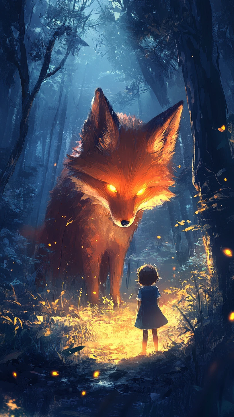Small child meeting a giant glowing fox in forest dusk