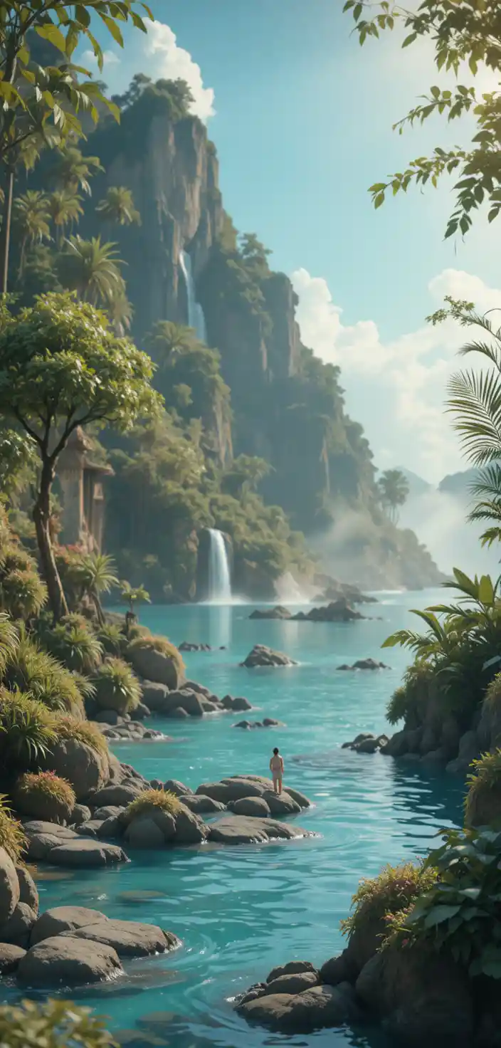 Mother holding her baby in a lush oasis studio scene