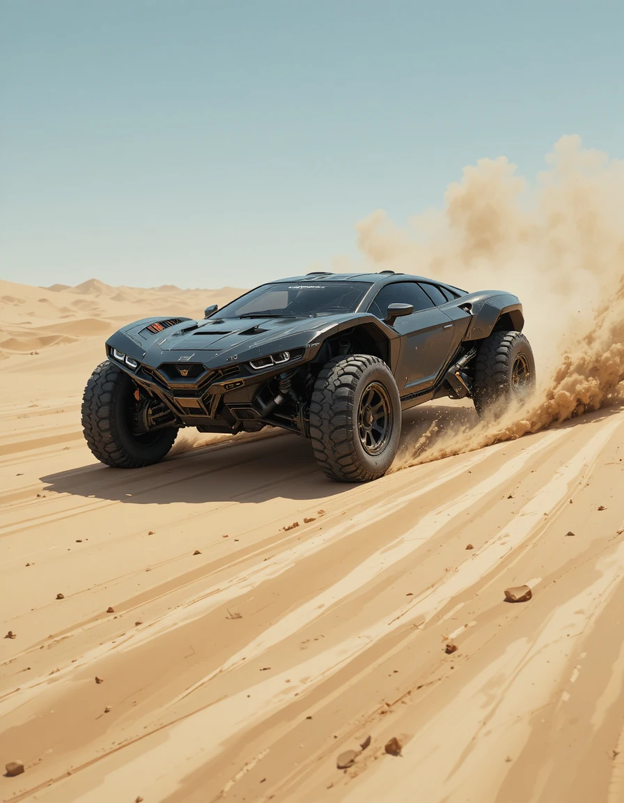 Hypercar futuristica blindata che sfreccia attraverso un vasto deserto