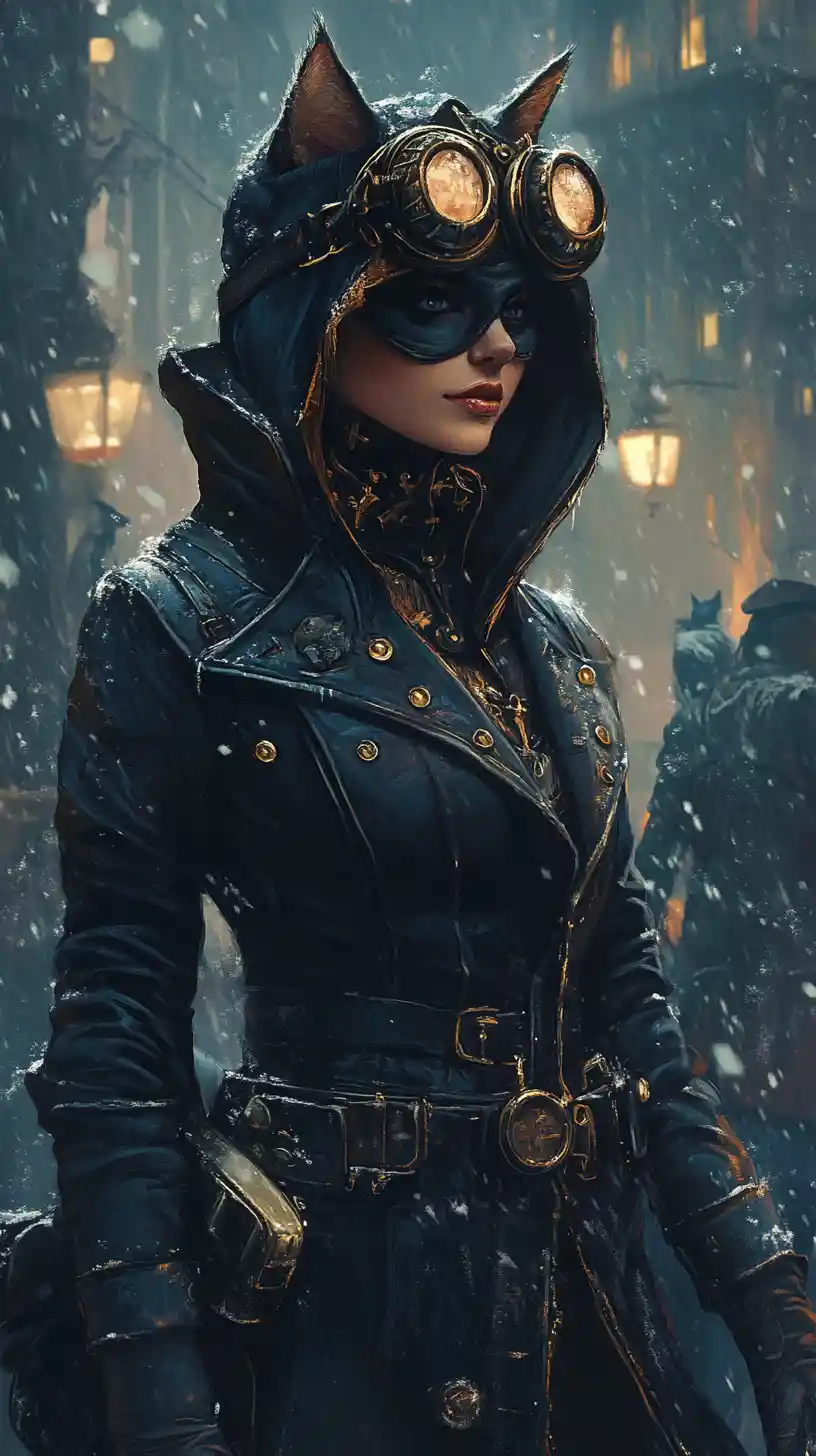 Vampire red riding hood in a misty steampunk street