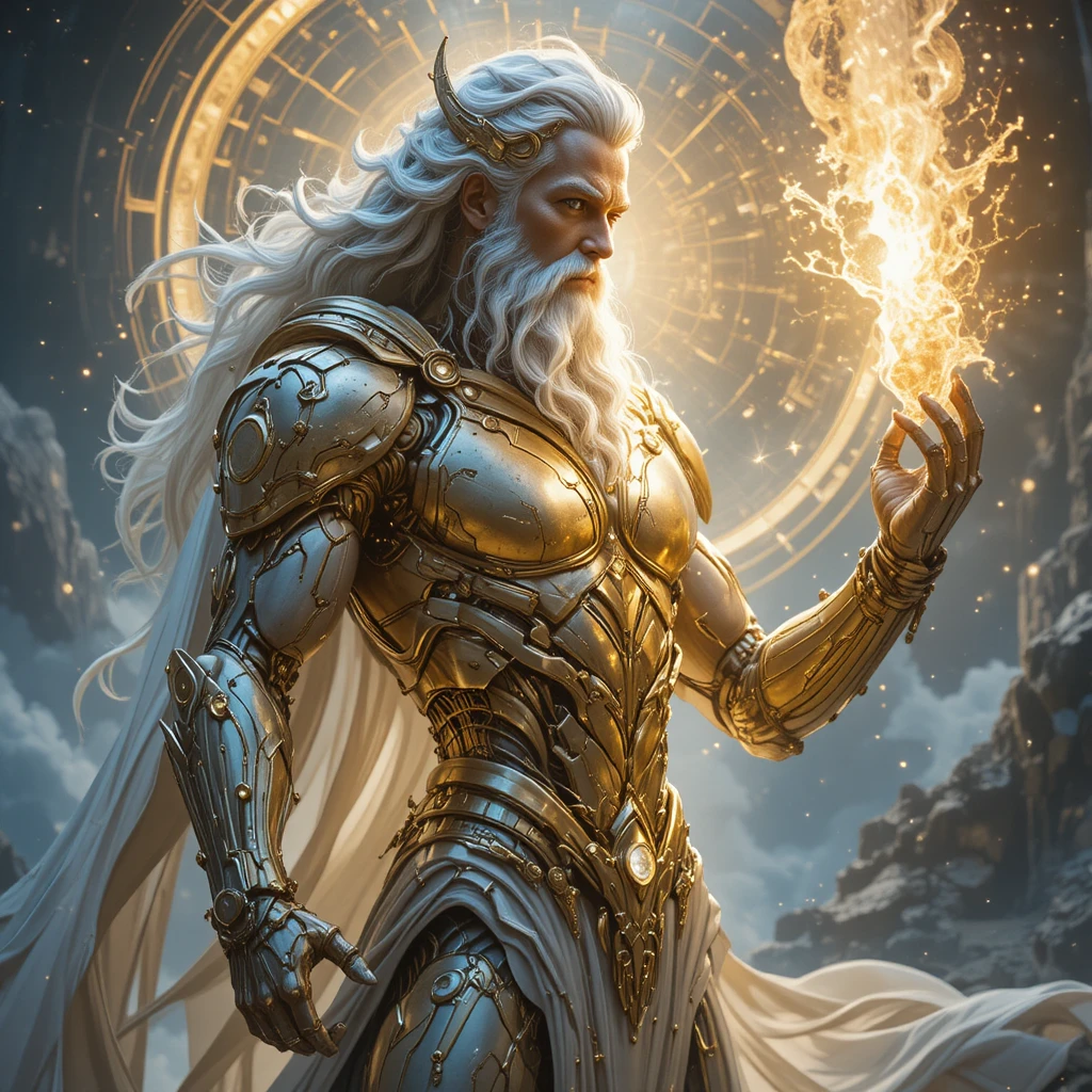 Cybernetic god wielding lightning on futuristic Olympus
