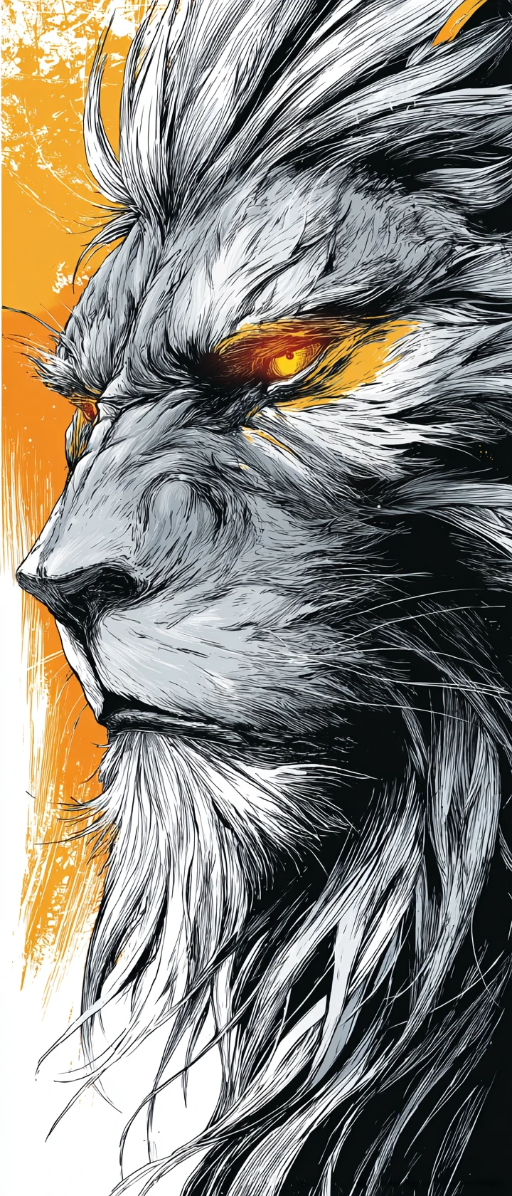 Illustrazione in stile manga di un leone in argento, carbone e ambra