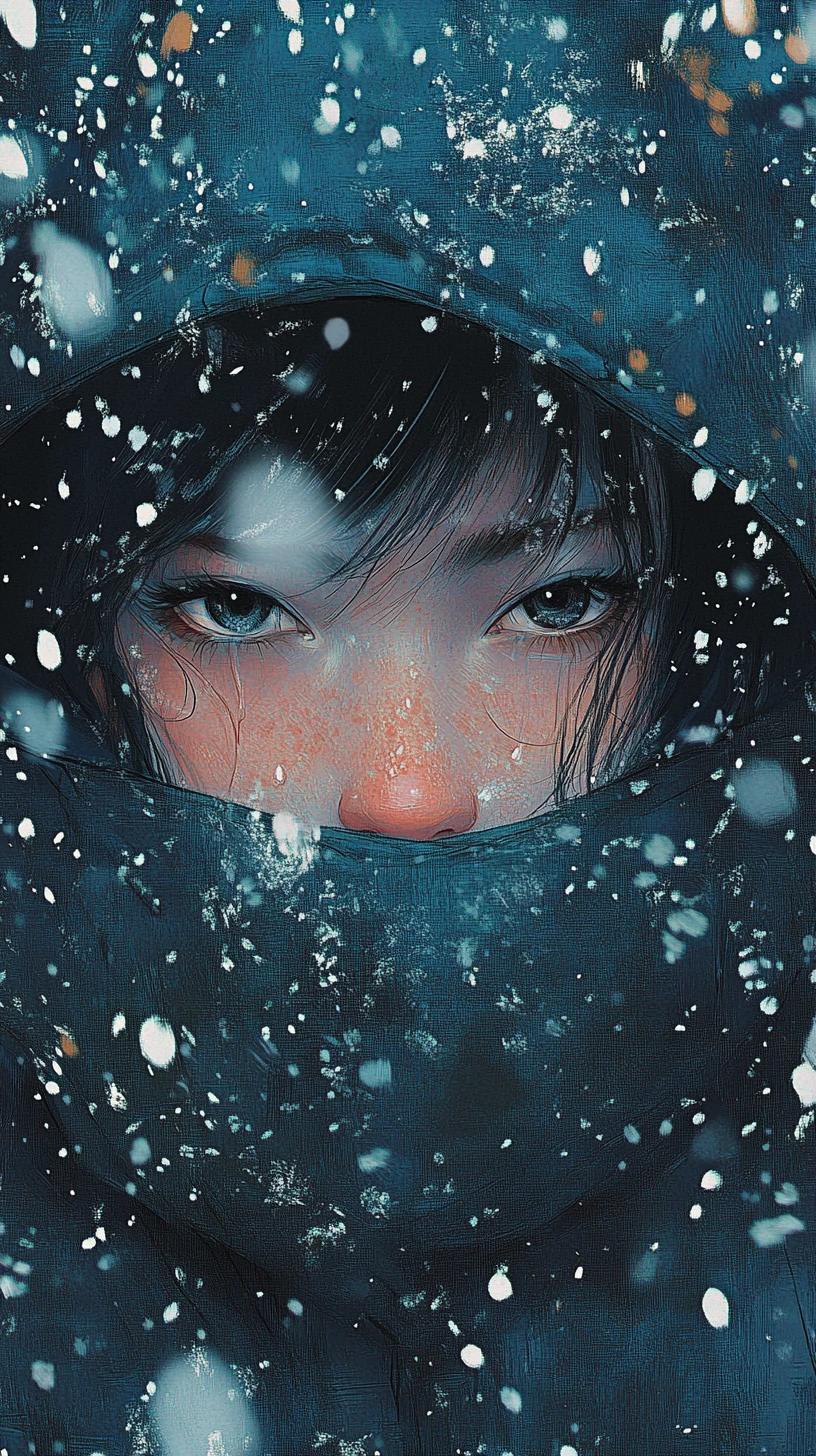 Dama felina con impermeable azul bajo intensa nevada mística