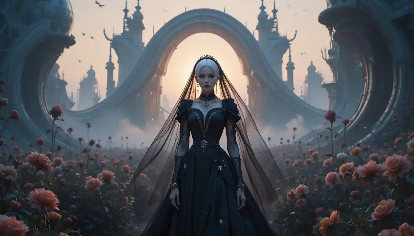 Gothic bride in black dress amid foggy surreal garden