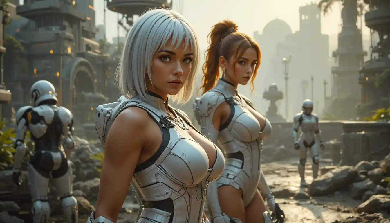 Armored sci fi women preparing for a forest mission