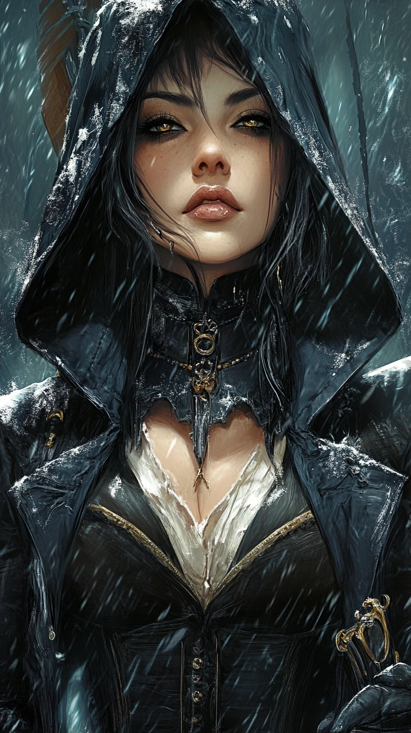 Vampire red riding hood in a misty steampunk street