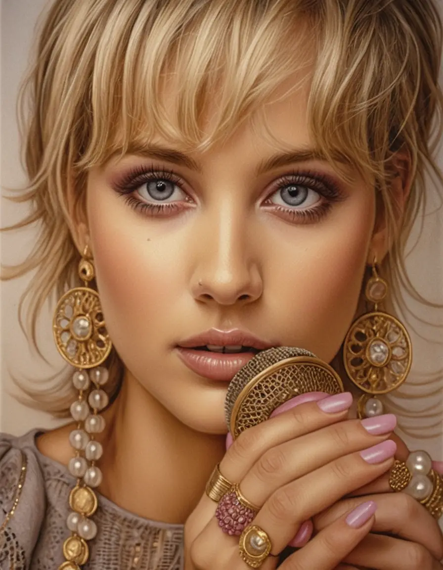 Graphite portrait of a blonde singer with vintage microphone