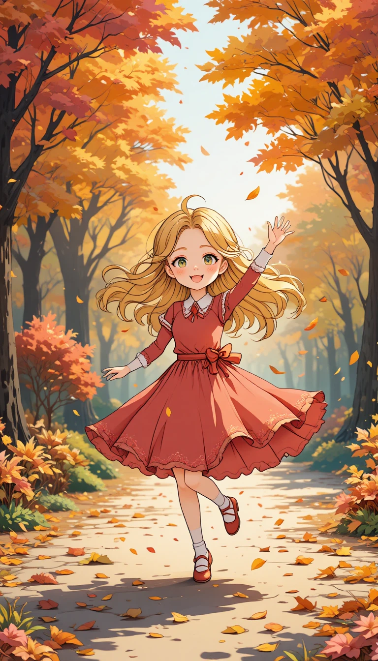Süßes Anime-Mädchen, das sich zwischen bunten Herbstblättern im Park dreht