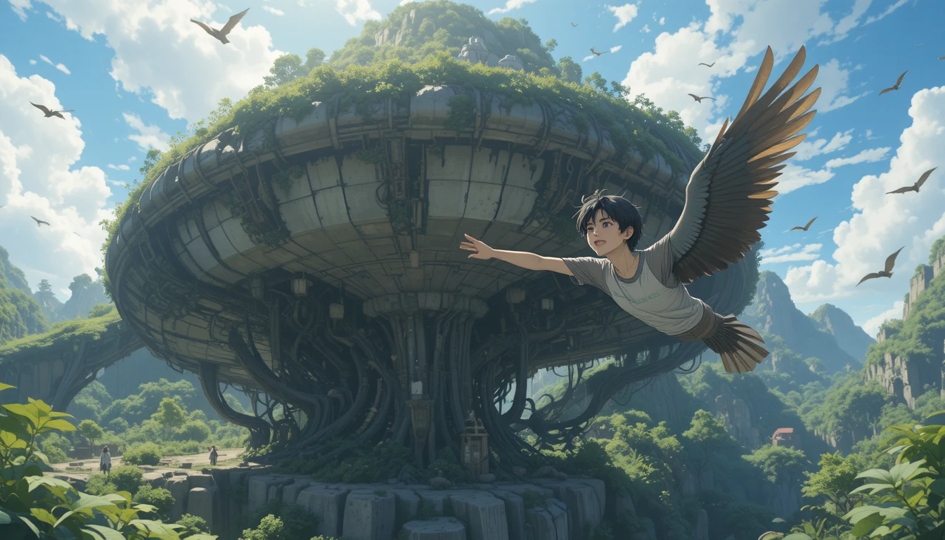Garçon d’anime volant comme un oiseau vers une colline lointaine