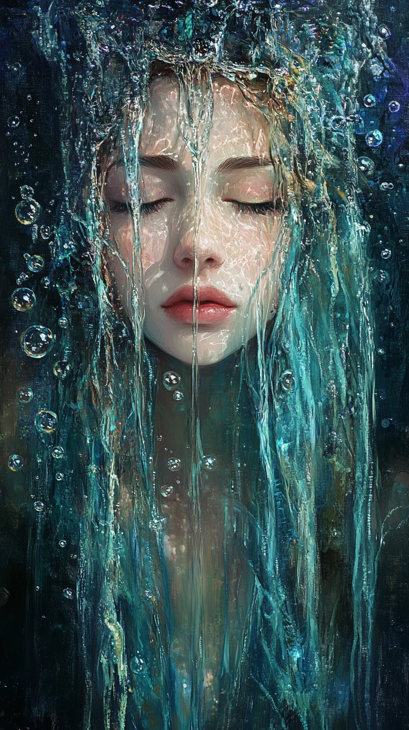 黑暗水下肖像中擁有流水長髮的奇幻女子