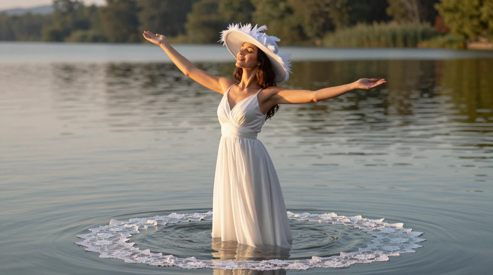 Femme en robe blanche debout dans un lac serein au coucher du soleil