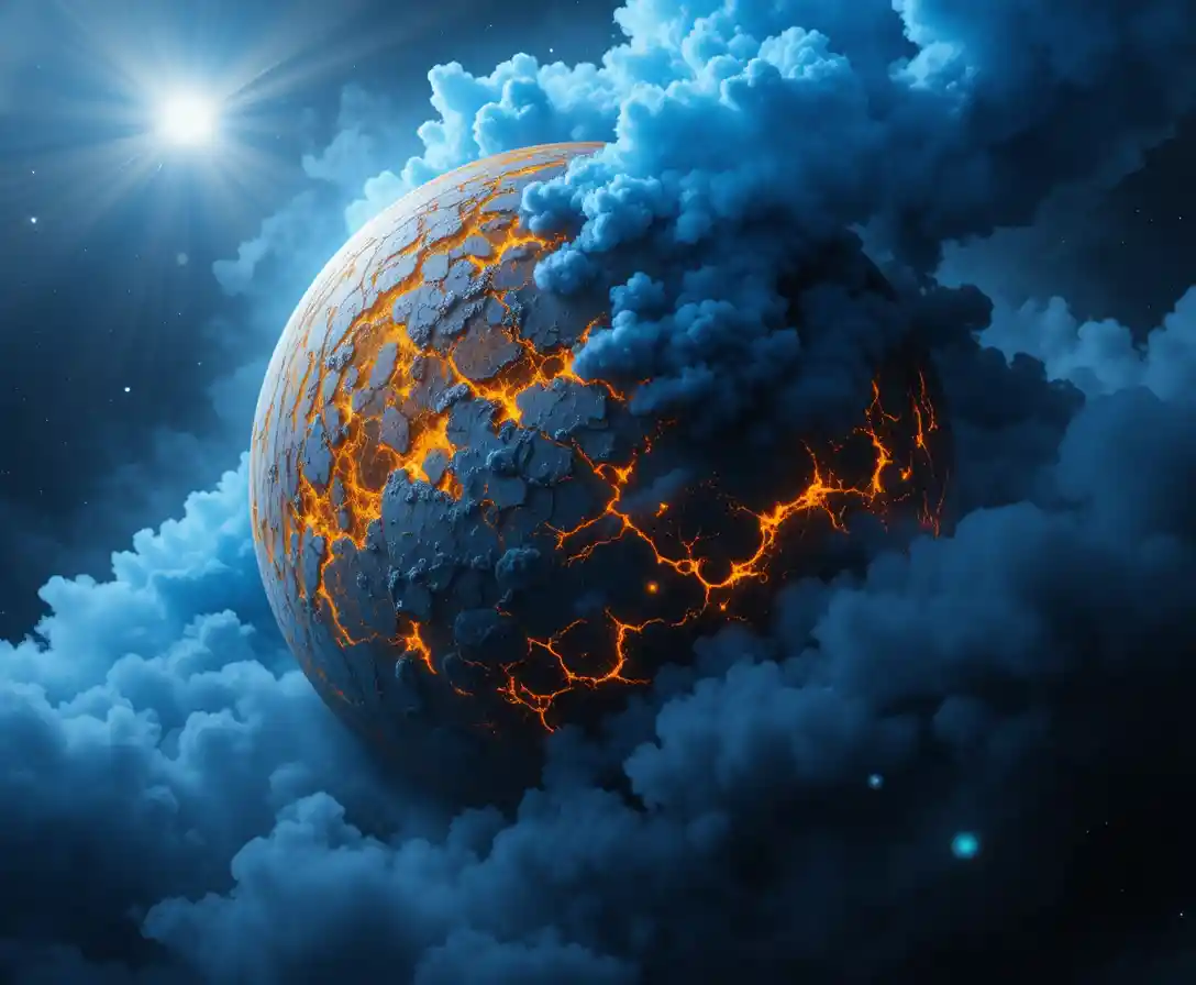 Alien planet with yellow lava flows and blue smoke cloud