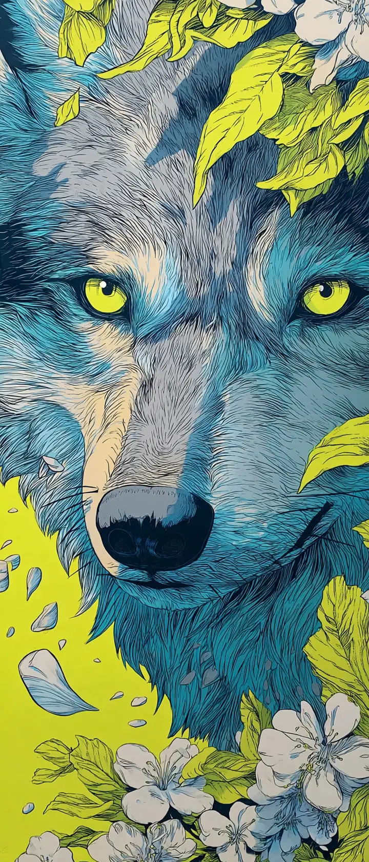 Colorful manga wolf illustration in bold vibrant tones