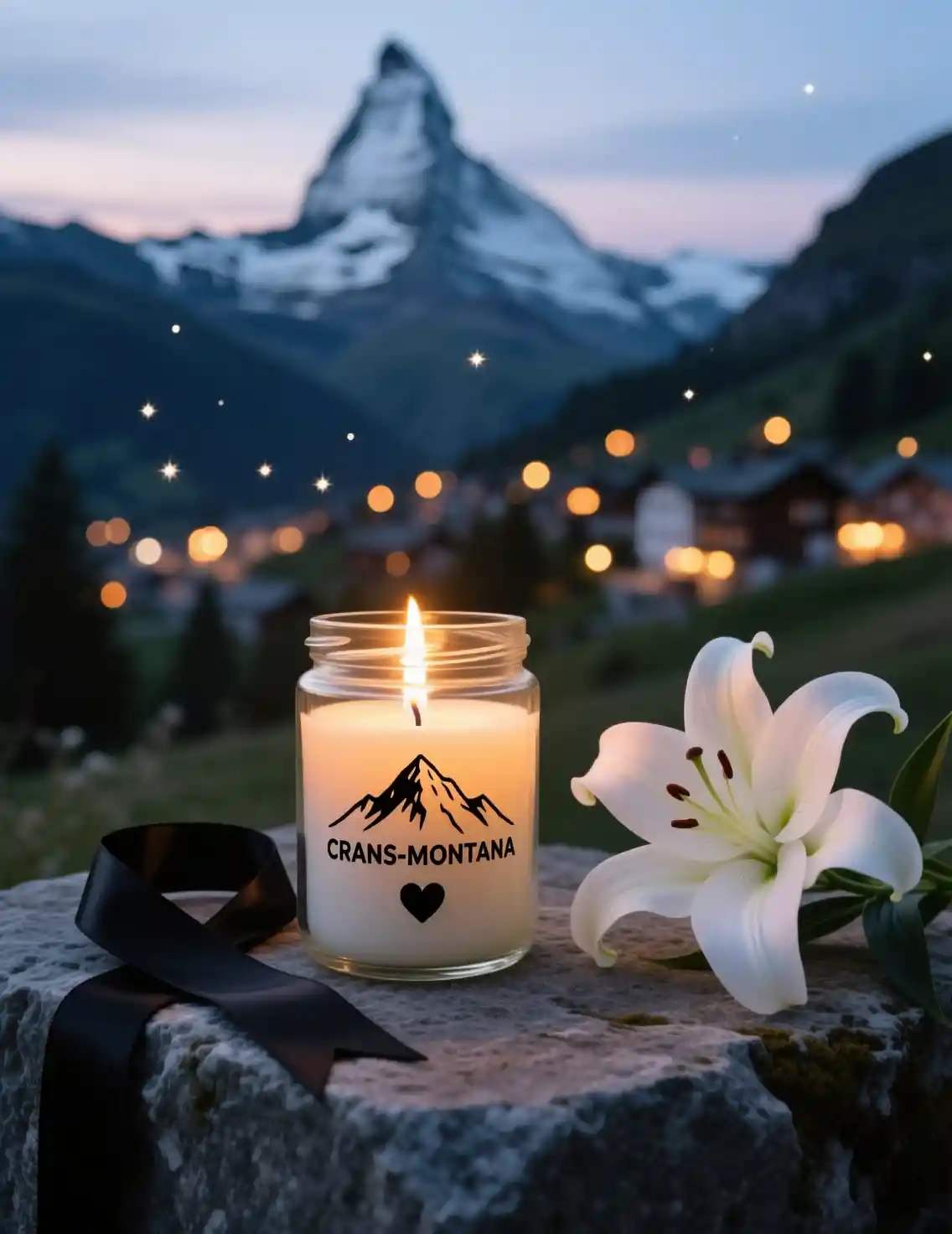 Memorial candle and white lily against twilight mountains