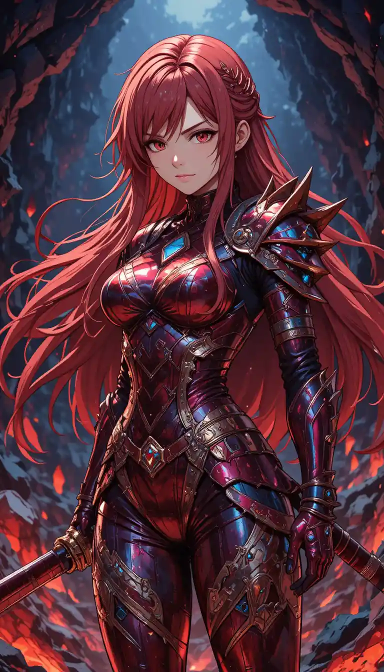 Red armored anime warrior in a glowing crystal cave
