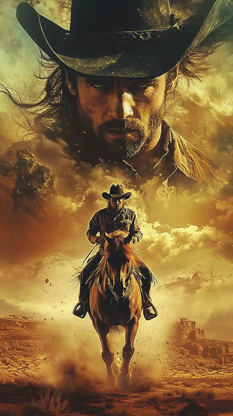 Cowboy a cavallo in una drammatica scena nel deserto