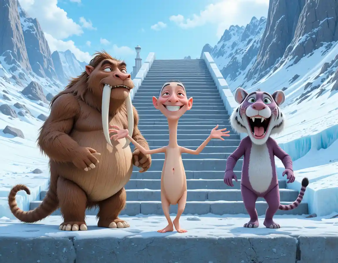 Tres animales de la Edad de Hielo en estilo caricatura en un valle nevado