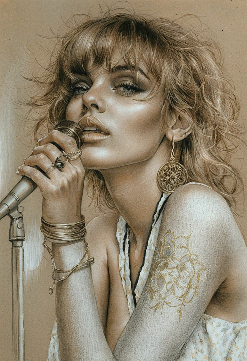 Portrait en graphite d’une chanteuse blonde avec micro vintage