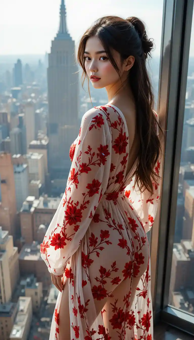 Junge Frau auf Glasplattform über der Skyline von New York