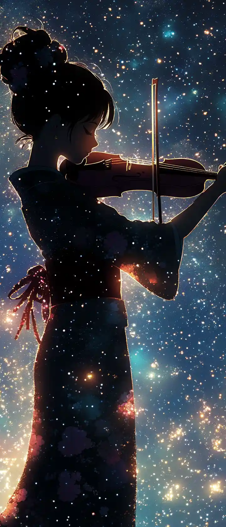 Japanese girl playing violin under a starry night sky