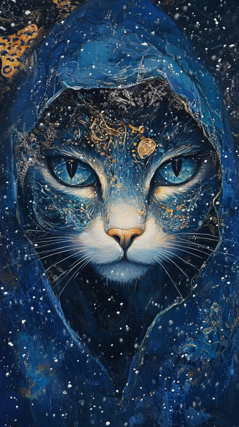 Primer plano de una mujer gato con abrigo azul bajo la nieve