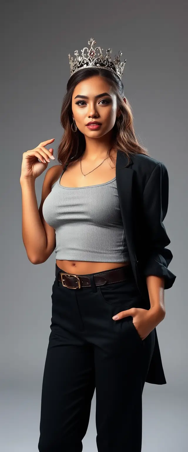 Reine de beauté confiante posant en portrait stylé en pied