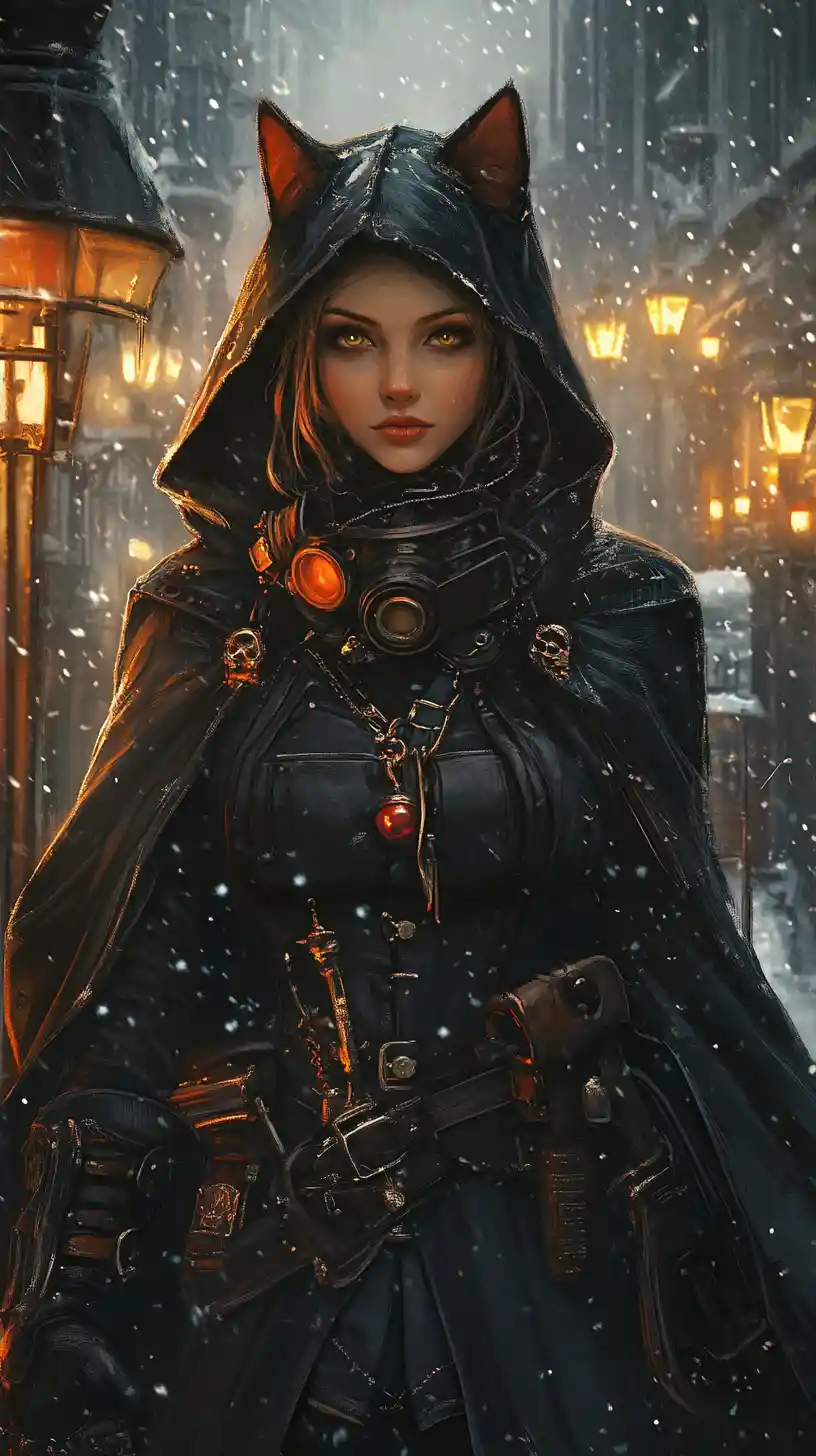 Petit Chaperon rouge vampirique dans une rue steampunk brumeuse