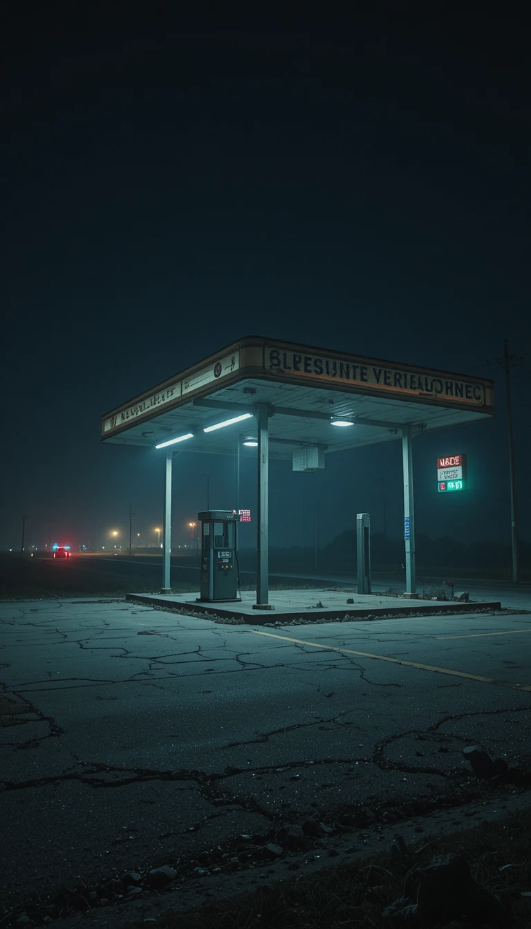 霧夜公路上的孤獨鄉間加油站