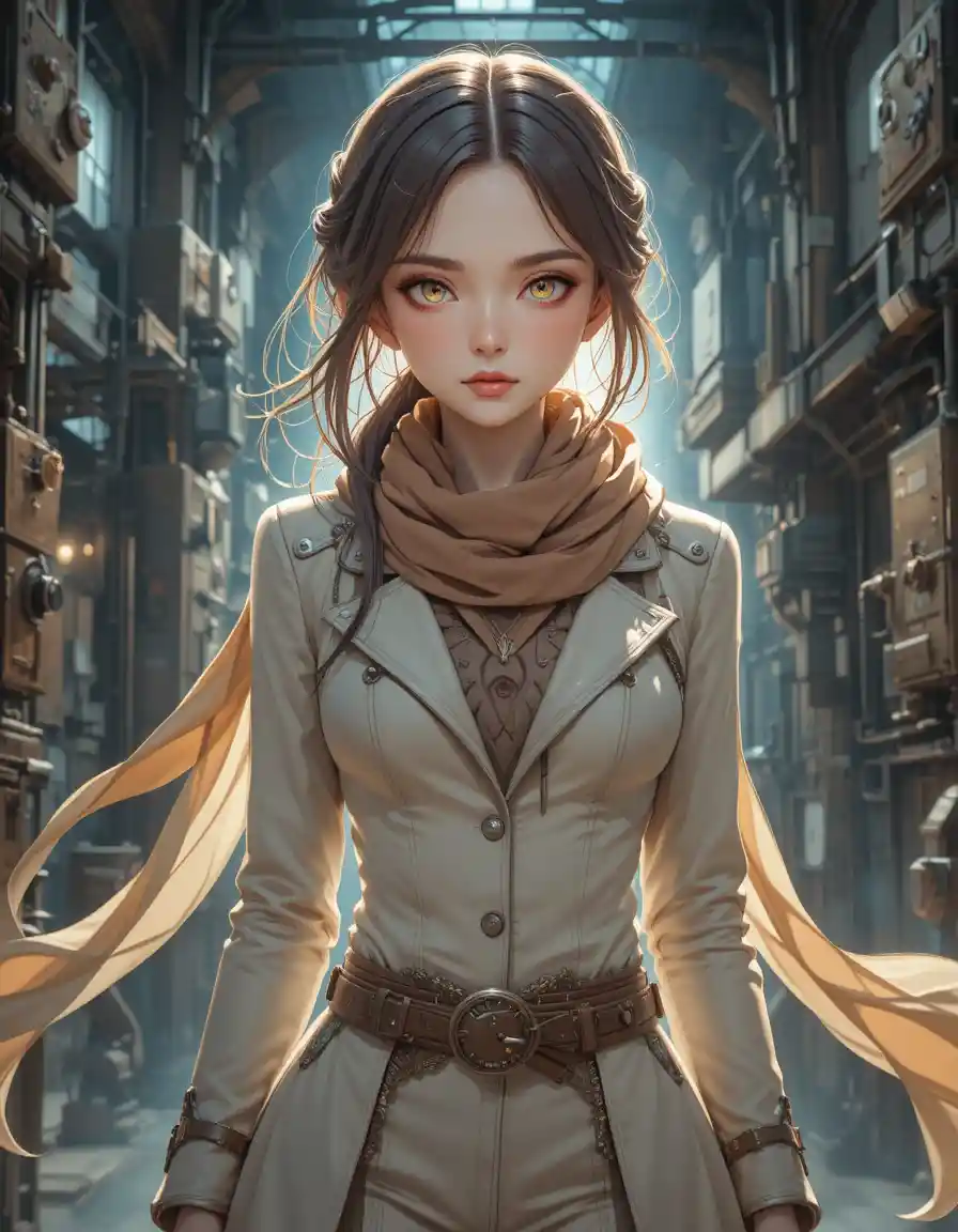 Anime woman with luminous eyes in steampunk fantasy world